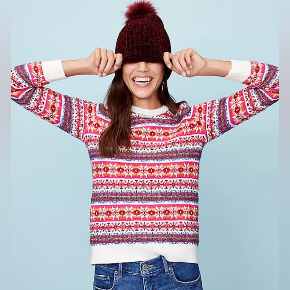 Ann Taylor Loft Fair Isle Crew Neck Womens XL Hot Pink Red Pullover